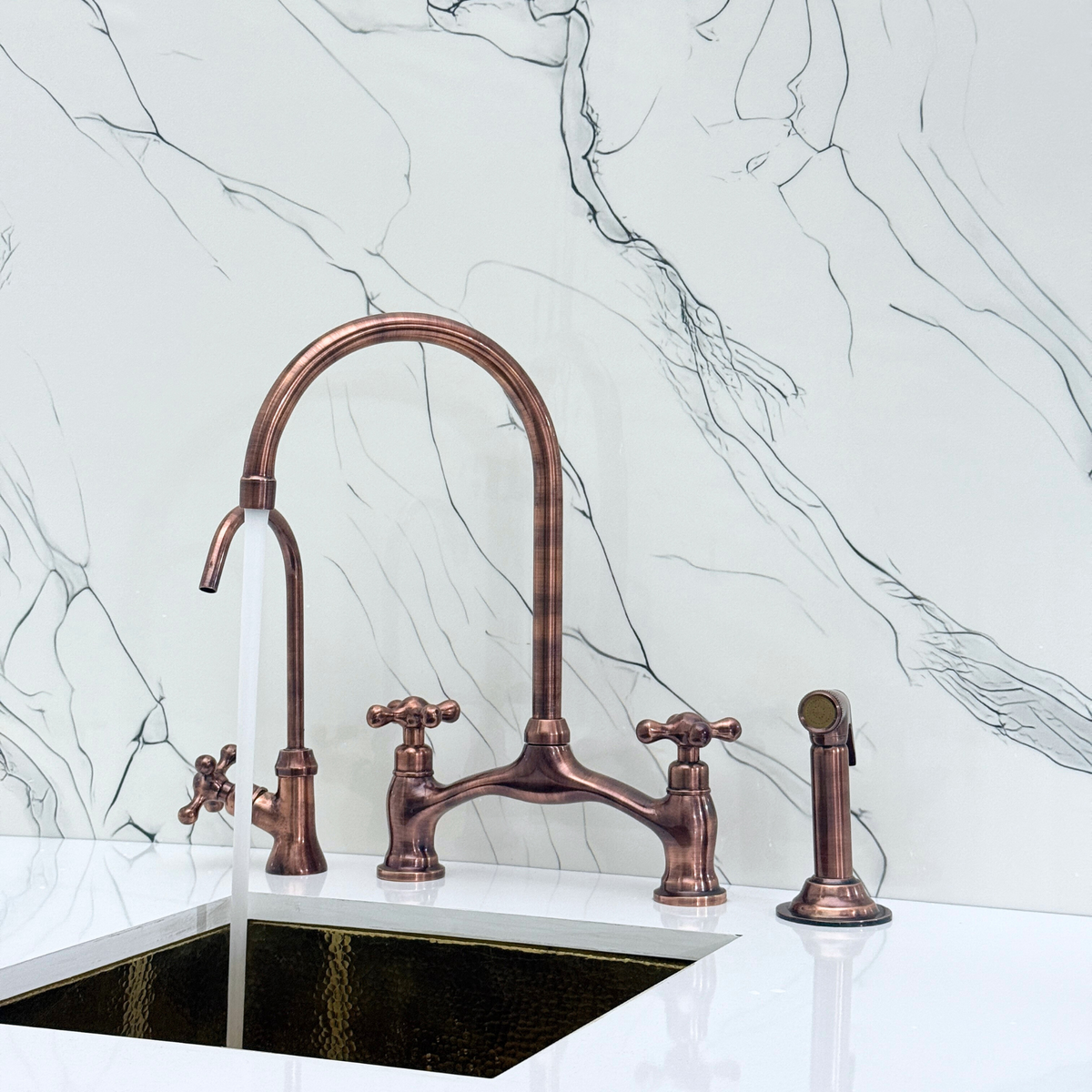 Antique Copper Bridge Kitchen Faucet with Cross Handles – Alderley – alternate view 3