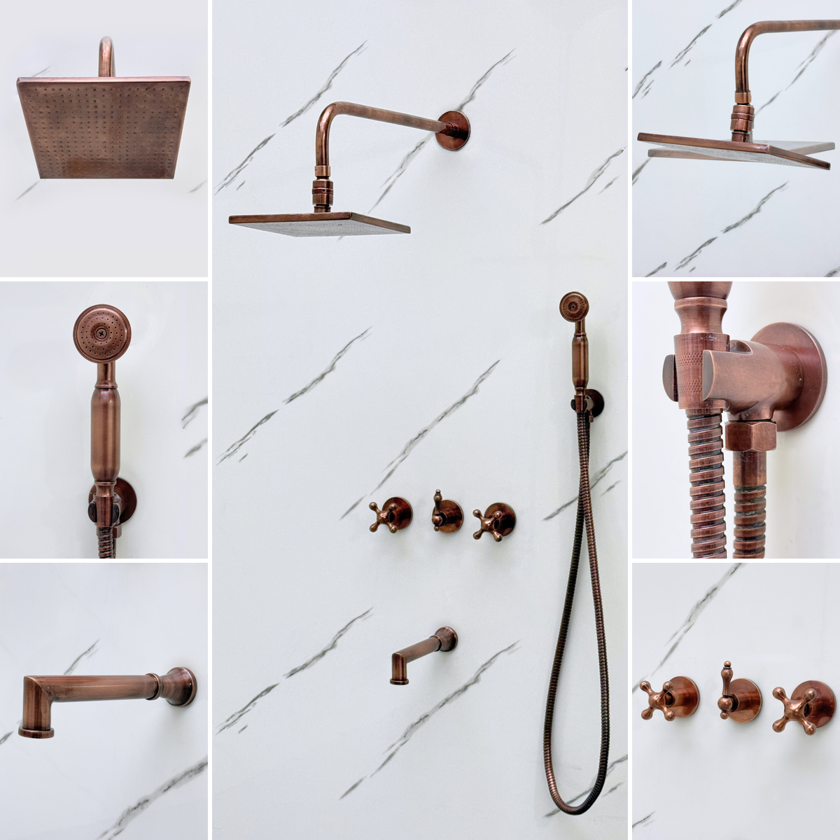 Antique Copper Adjustable Square Rain Shower System with Handheld & Tub Filler — Straight arm (ACCSS-016) — detail view 2