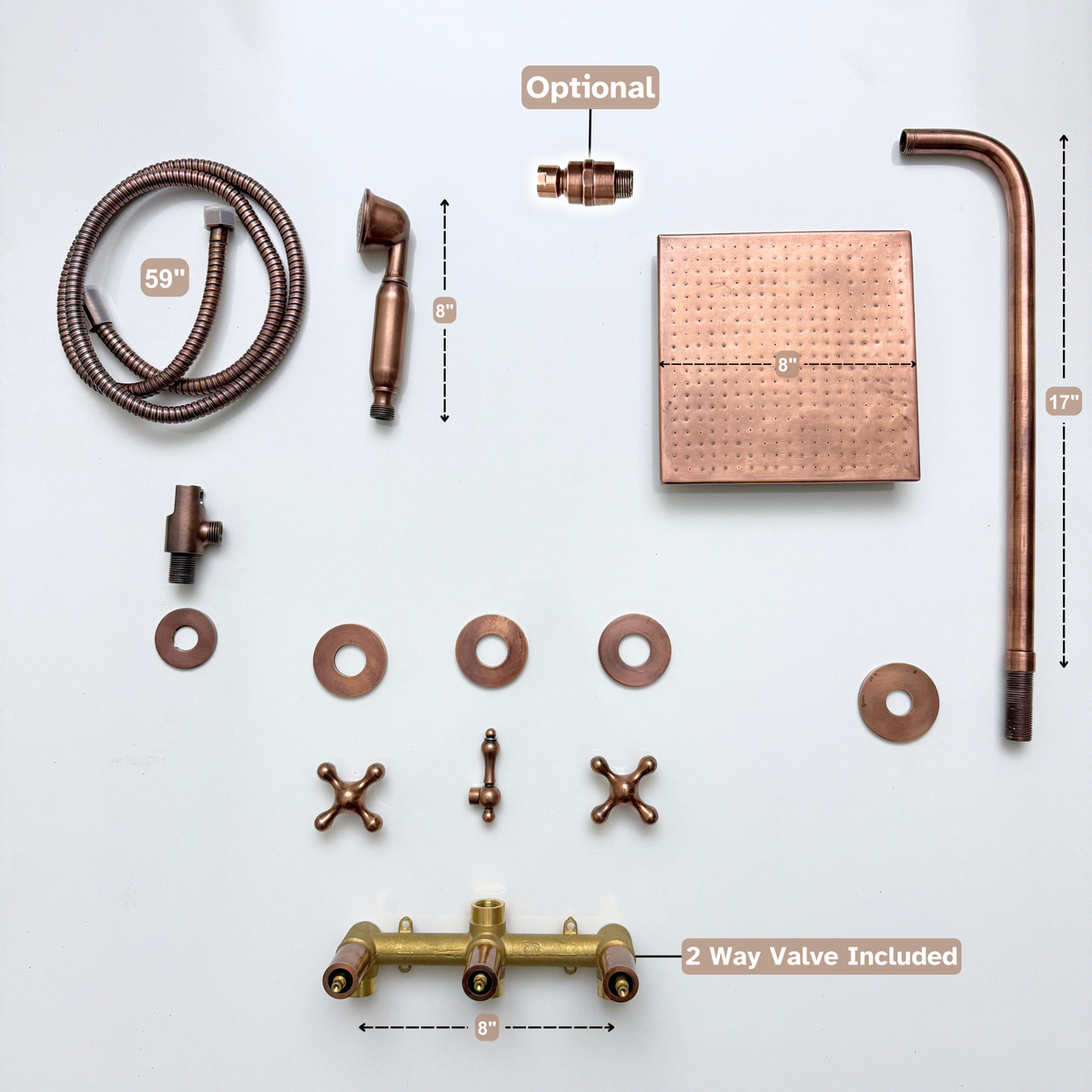 Antique Copper Square Rain Shower System with Handheld — Straight arm (ACCSS-017) — detail view 15