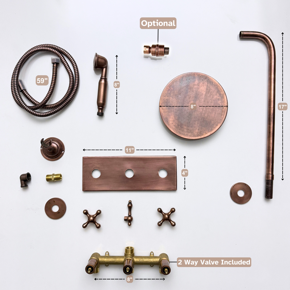 Antique Copper Adjustable Flat Round Rain Shower System with Handheld — Straight arm (ACCSS-011) — detail view 13