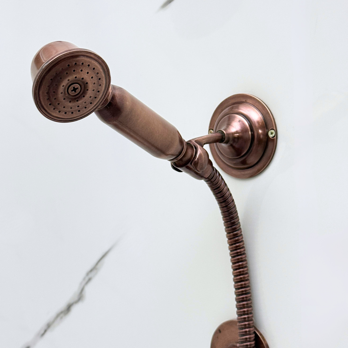 Antique Copper Adjustable Flat Round Rain Shower System with Handheld — Straight arm (ACCSS-011) — detail view 10