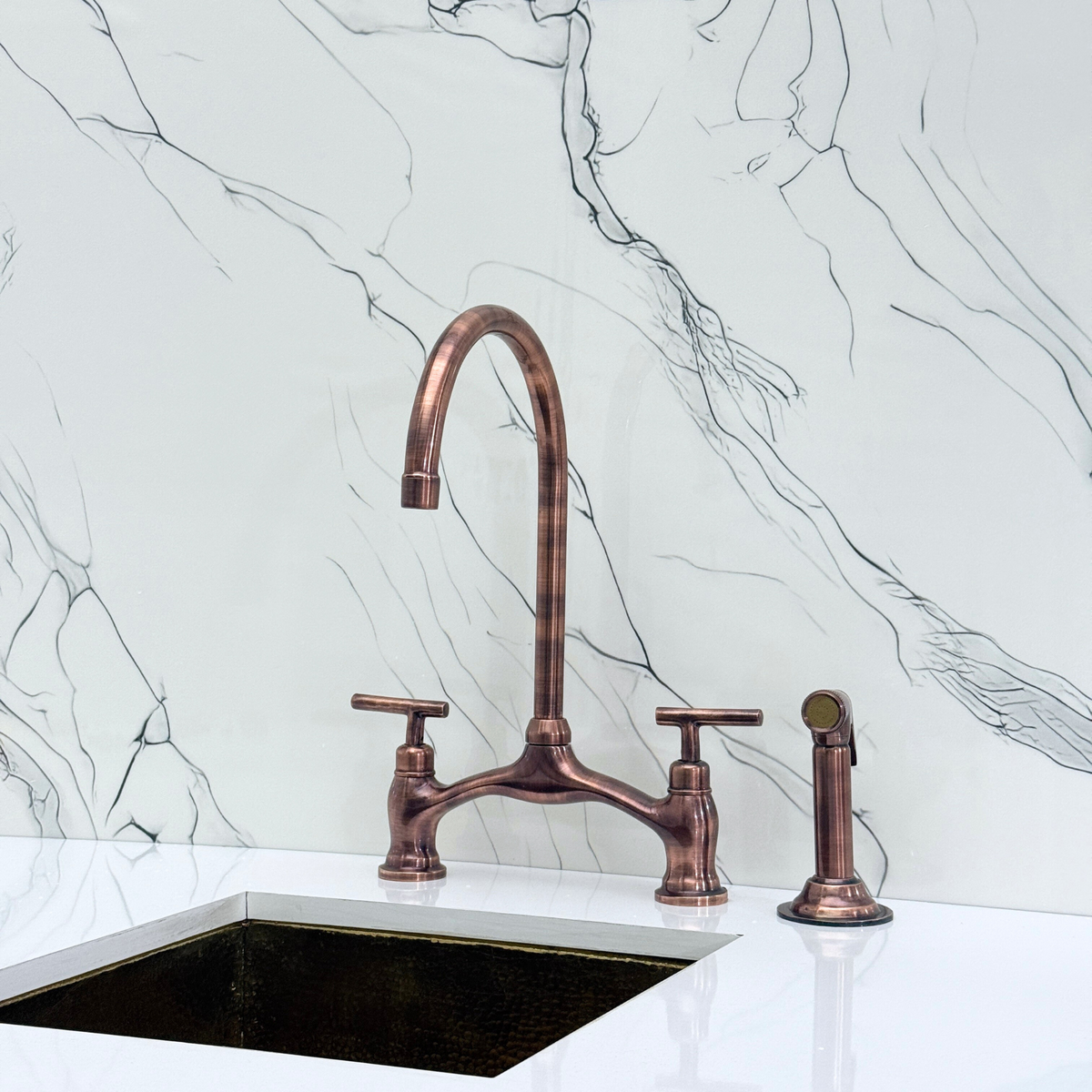 Antique Copper Bridge Kitchen Faucet with Lever Handles – Alderley – alternate view 12