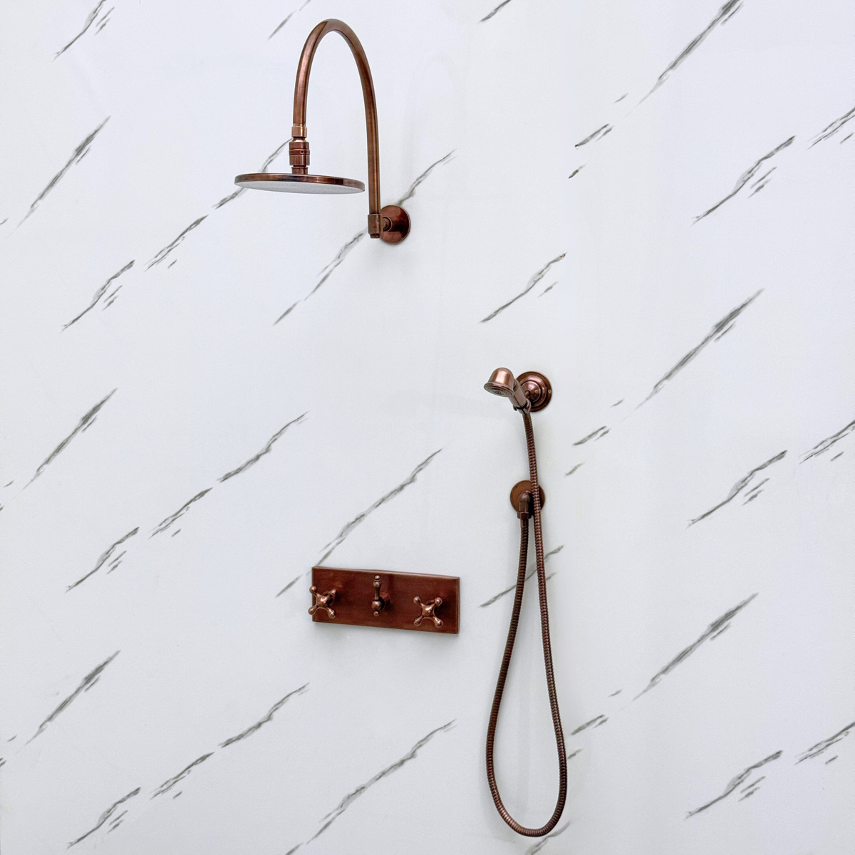 Antique Copper Adjustable Flat Round Rain Shower System with Handheld — Arcuate arm (ACCSS-012) — detail view 3