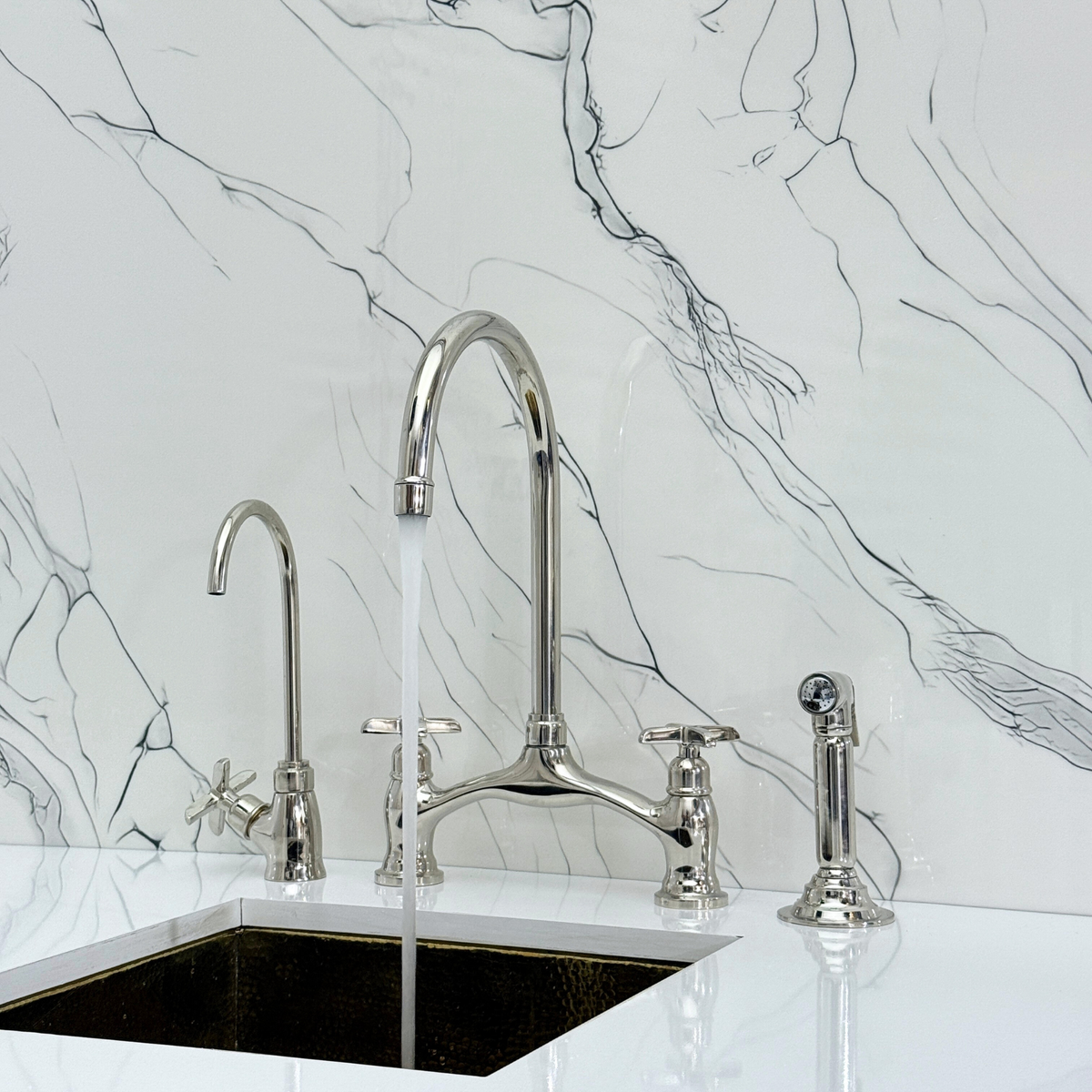 Polished Nickel Bridge Kitchen Faucet with Cross Handles – Beaumont – alternate view 6