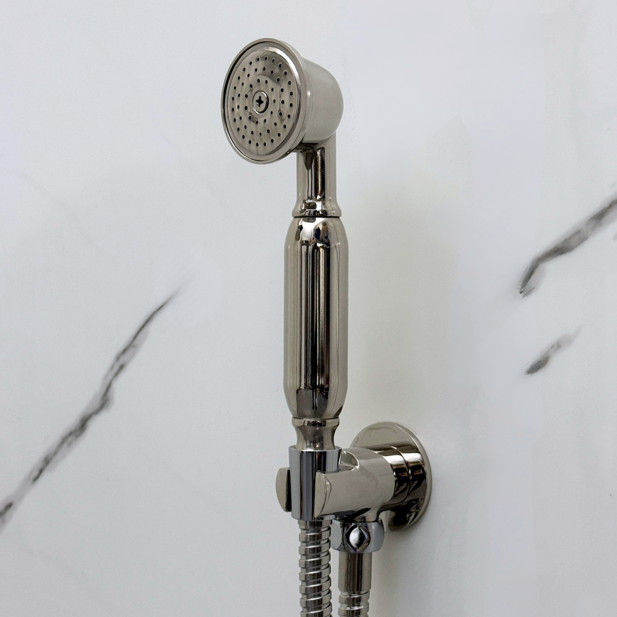 Polished Nickel Adjustable Flat Round Rain Shower System with Handheld & Tub Filler — Straight arm (PNCSS-019) — detail view 11