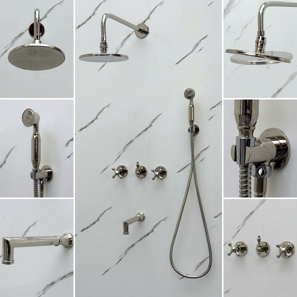 Polished Nickel Adjustable Flat Round Rain Shower System with Handheld & Tub Filler — Straight arm (PNCSS-019) — detail view 3