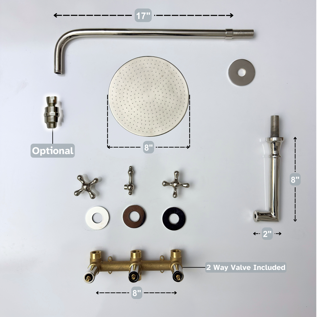 Polished Nickel Adjustable Flat Round Rain Shower System with Tub Filler — Straight arm (PNCSS-018) — detail view 13