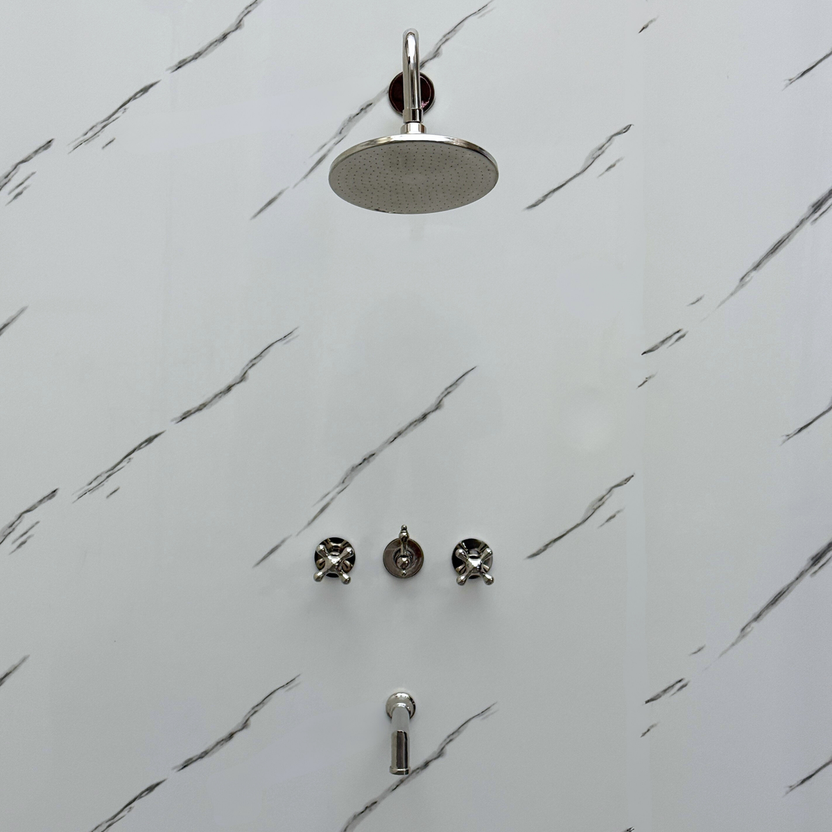 Polished Nickel Adjustable Flat Round Rain Shower System with Tub Filler — Straight arm (PNCSS-018) — detail view 5