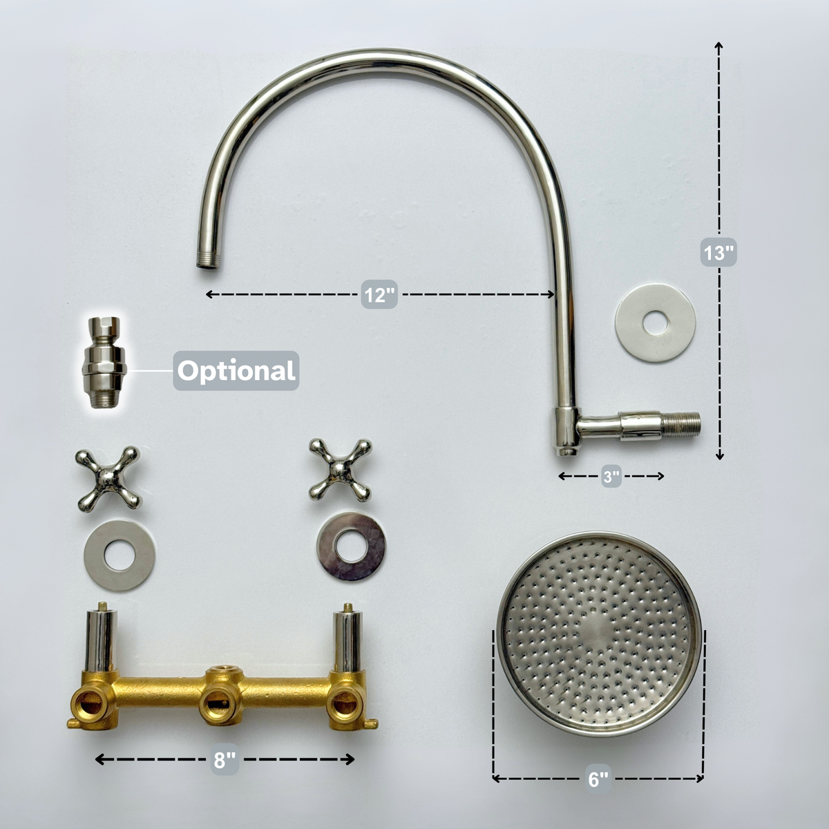 Polished Nickel Adjustable Round Rain Shower System — Arcuate arm (PNCSS-003) — detail view 12