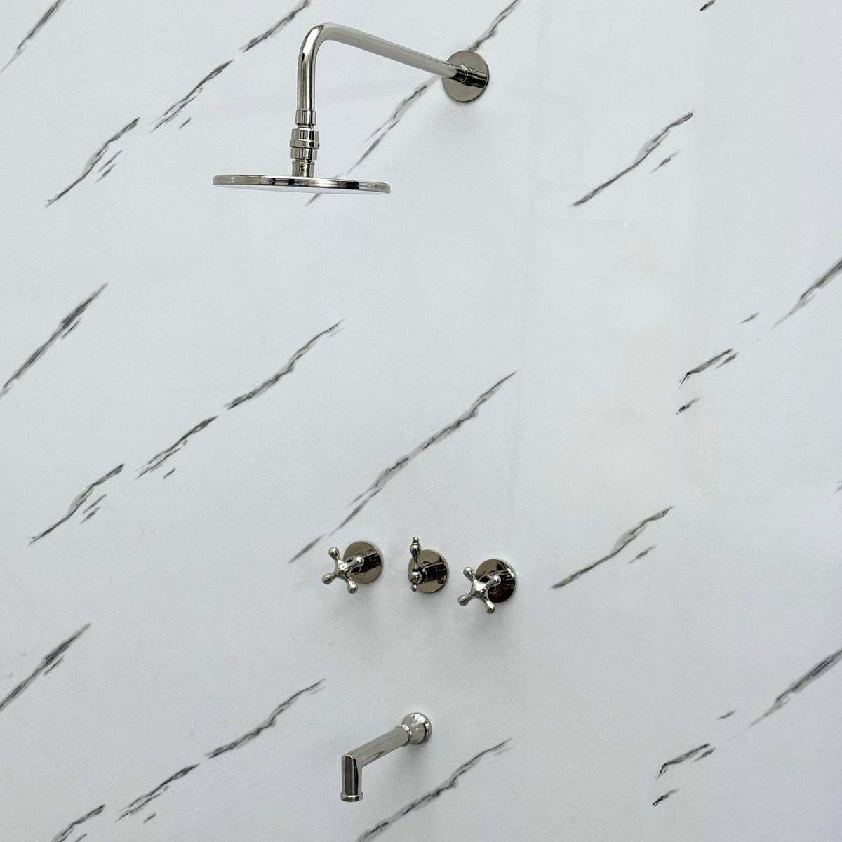 Polished Nickel Adjustable Flat Round Rain Shower System with Tub Filler — Straight arm (PNCSS-018) — detail view 2