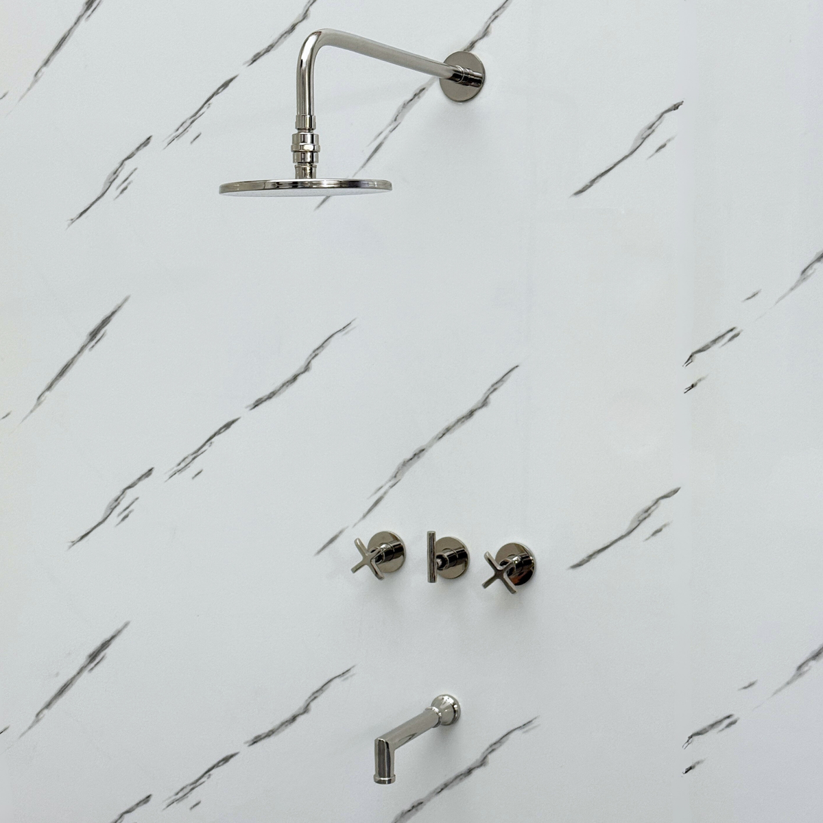 Polished Nickel Adjustable Flat Round Rain Shower System with Tub Filler — Straight arm (PNCSS-018) — detail view 4