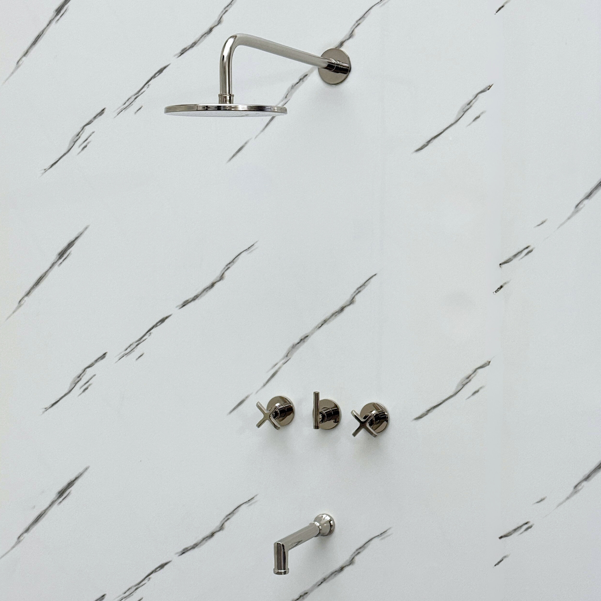 Polished Nickel Adjustable Flat Round Rain Shower System with Tub Filler — Straight arm (PNCSS-018) — detail view 9