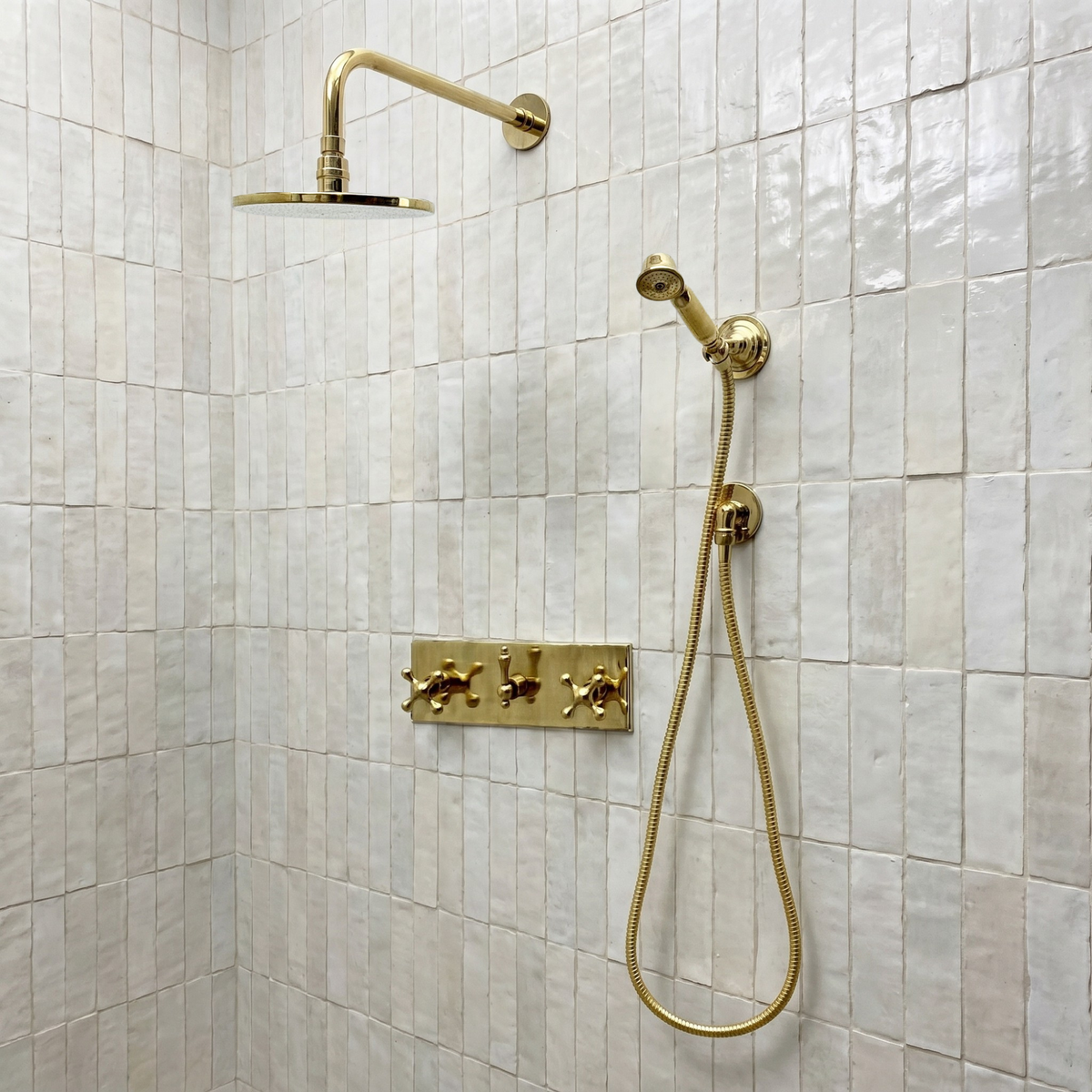 Unlacquered Brass Adjustable Flat Round Rain Shower System with Handheld — Straight arm (UBCSS-011) — shower system overview