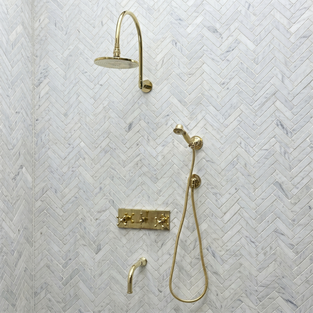 Unlacquered Brass Adjustable Flat Round Rain Shower System with Handheld & Tub Filler — Arcuate arm (UBCSS-014) — shower system overview