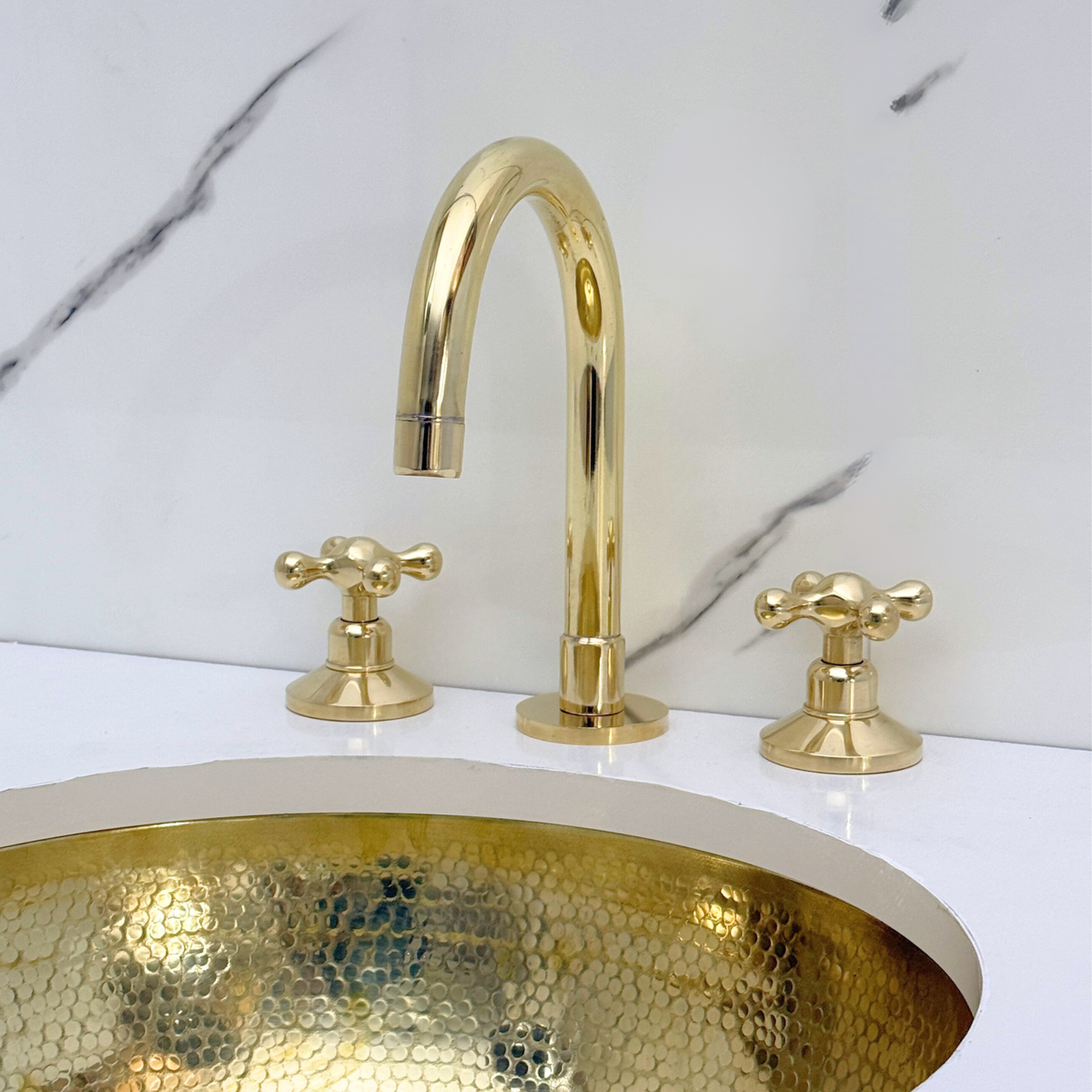 Dome unlacquered brass widespread faucet, 6" reach with cross handles – alternate view 4