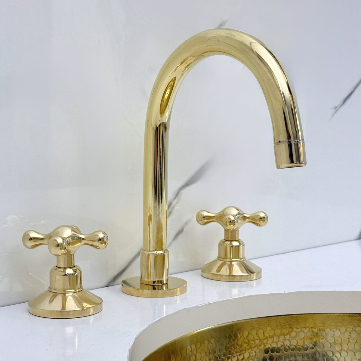 Dome unlacquered brass widespread faucet, 6" reach with cross handles – alternate view 3