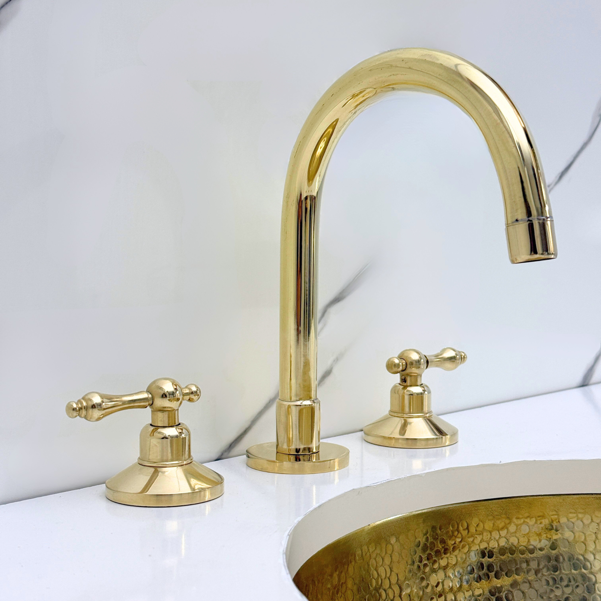 Gooseneck unlacquered brass widespread faucet, 6" reach with lever handles – alternate view 3