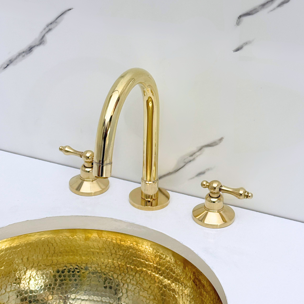 Gooseneck unlacquered brass widespread faucet, 6" reach with lever handles – alternate view 4
