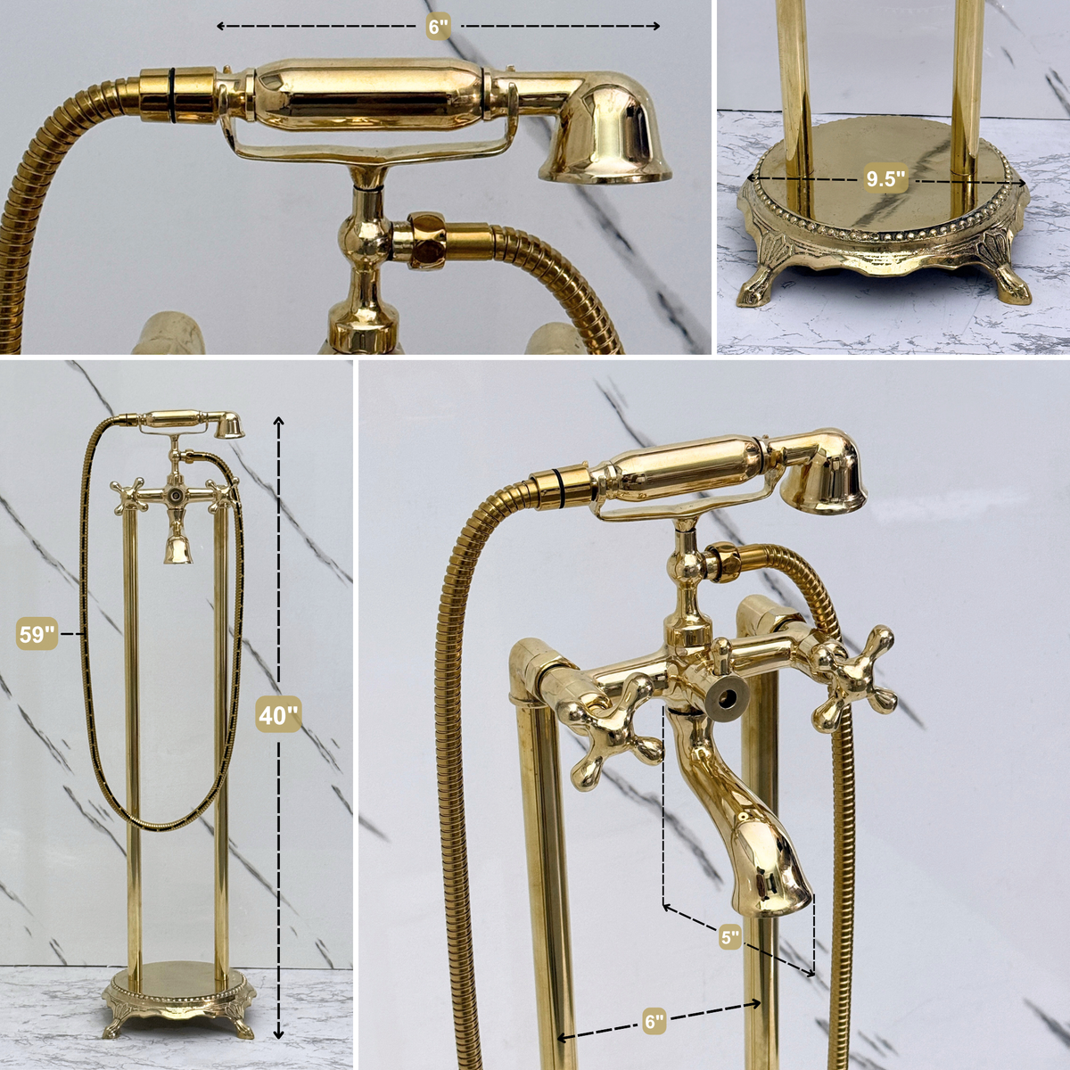 Unlacquered Brass Freestanding Bathtub Faucet, Solid Brass Clawfoot Tub Filler with Handheld Shower Head, - image 12