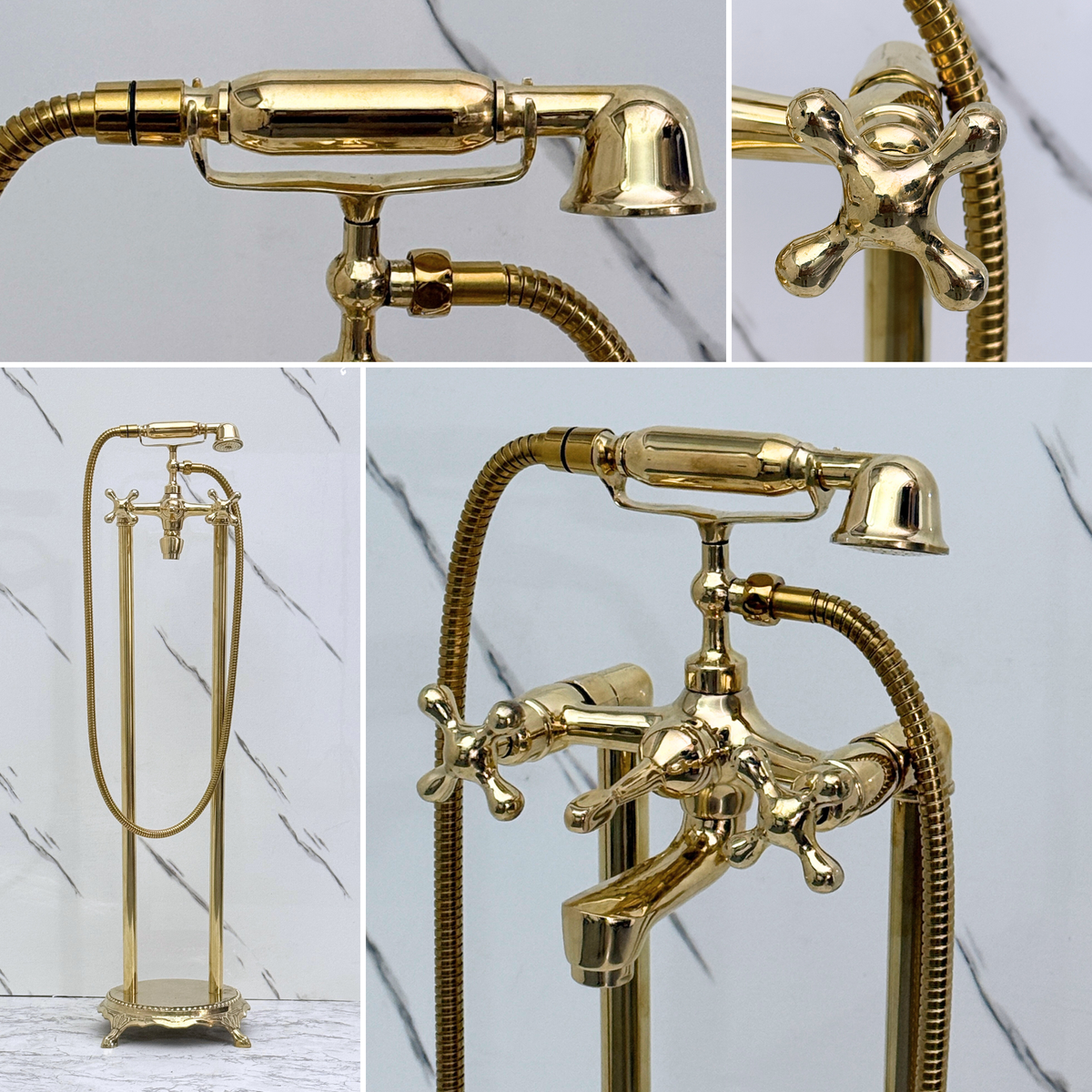 Unlacquered Brass Freestanding Bathtub Faucet, Solid Brass Clawfoot Tub Filler with Handheld Shower Head and - image 4