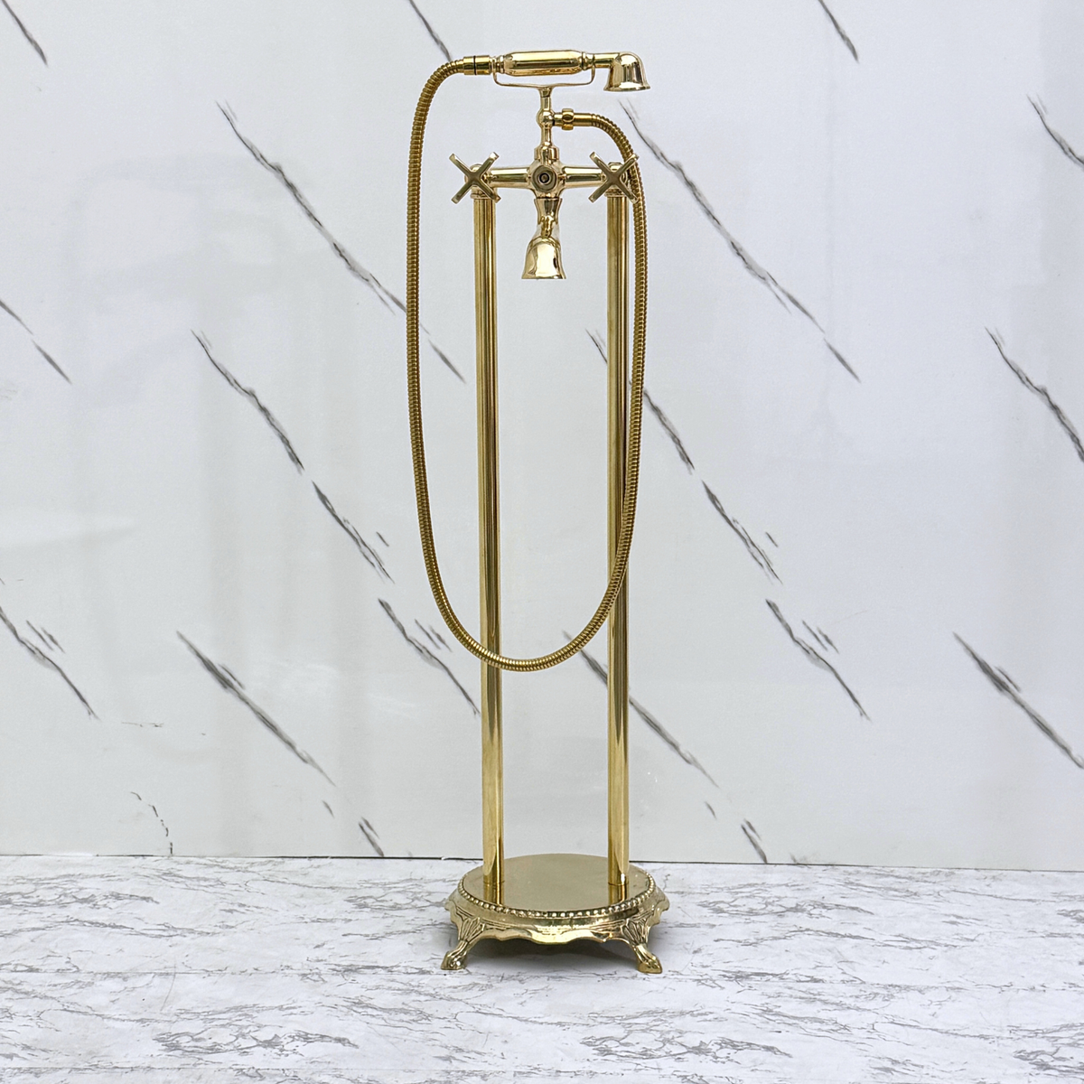 Unlacquered Brass Freestanding Bathtub Faucet, Solid Brass Clawfoot Tub Filler with Handheld Shower Head, - image 5