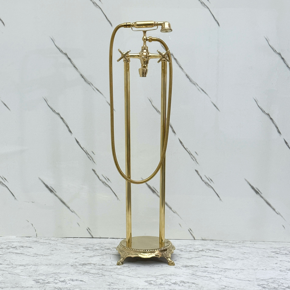 Unlacquered Brass Freestanding Bathtub Faucet, Solid Brass Clawfoot Tub Filler with Handheld Shower Head and - image 5