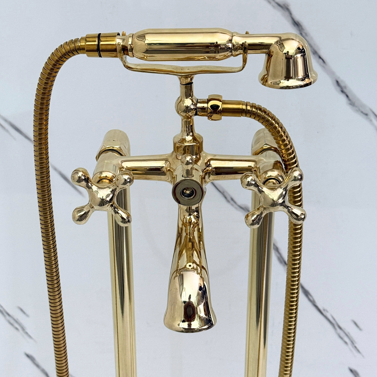 Unlacquered Brass Freestanding Bathtub Faucet, Solid Brass Clawfoot Tub Filler with Handheld Shower Head, - image 9