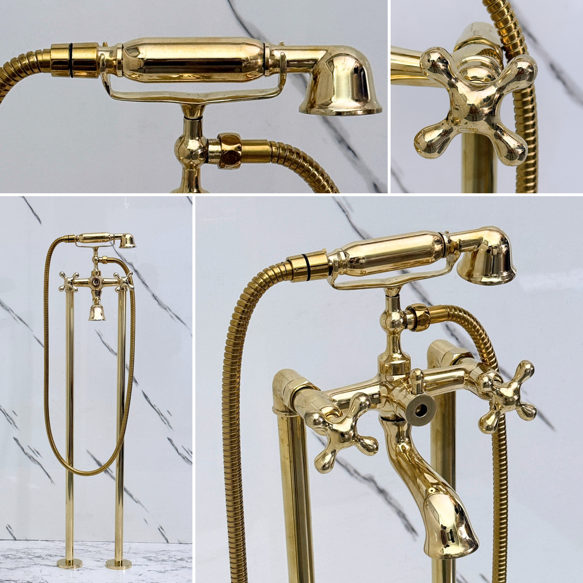 Unlacquered Brass Freestanding Tub Filler with Handheld Shower - image 3