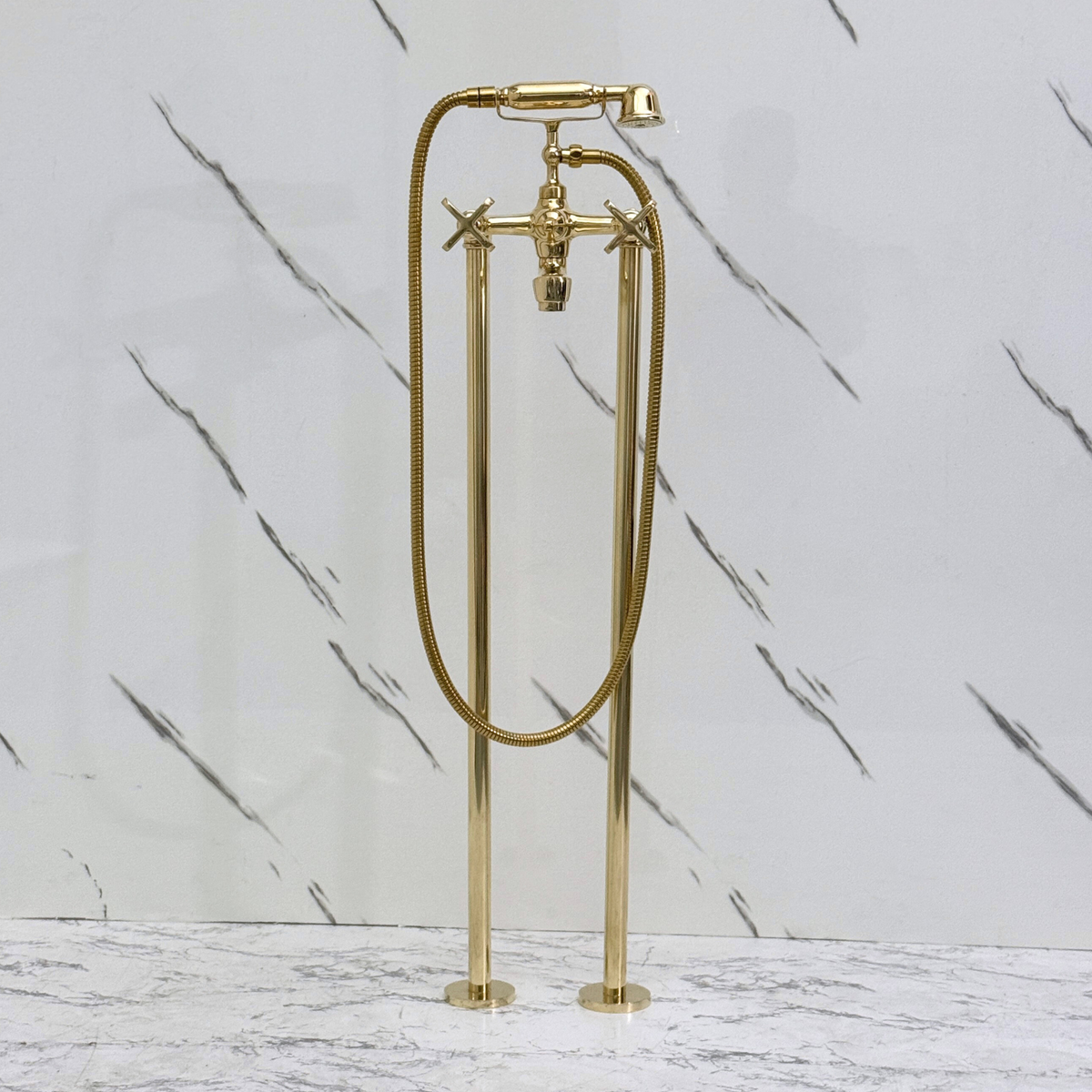 Unlacquered Brass Freestanding Bathtub Faucet, Solid Brass Tub Filler with Handheld Shower Head and Cross - image 4