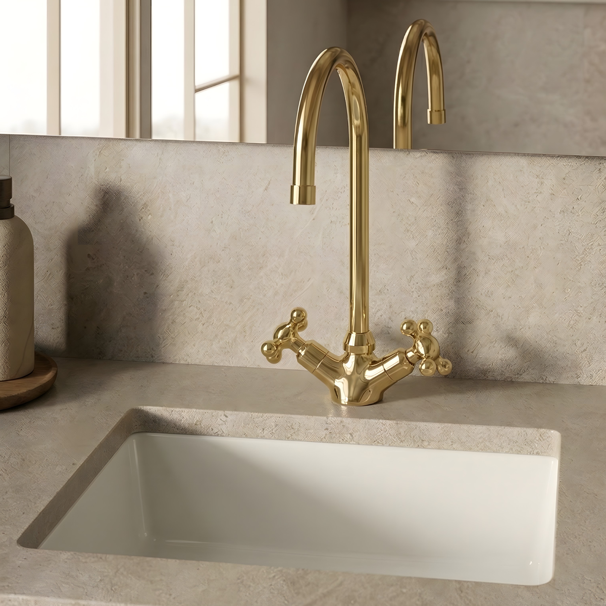 Gooseneck unlacquered brass single-hole faucet, 7" reach with cross handles