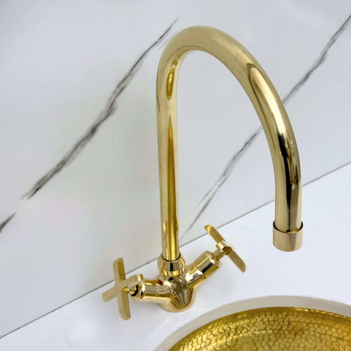 Gooseneck unlacquered brass single-hole faucet, 7" reach with cross handles – alternate view 11