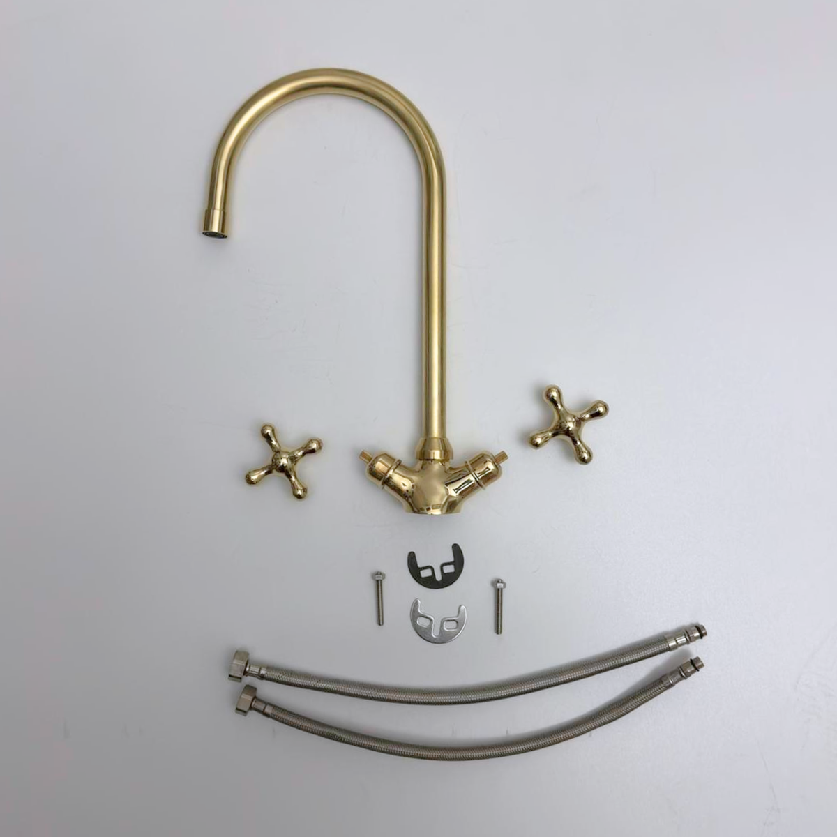 Gooseneck unlacquered brass single-hole faucet, 7" reach with cross handles – alternate view 13
