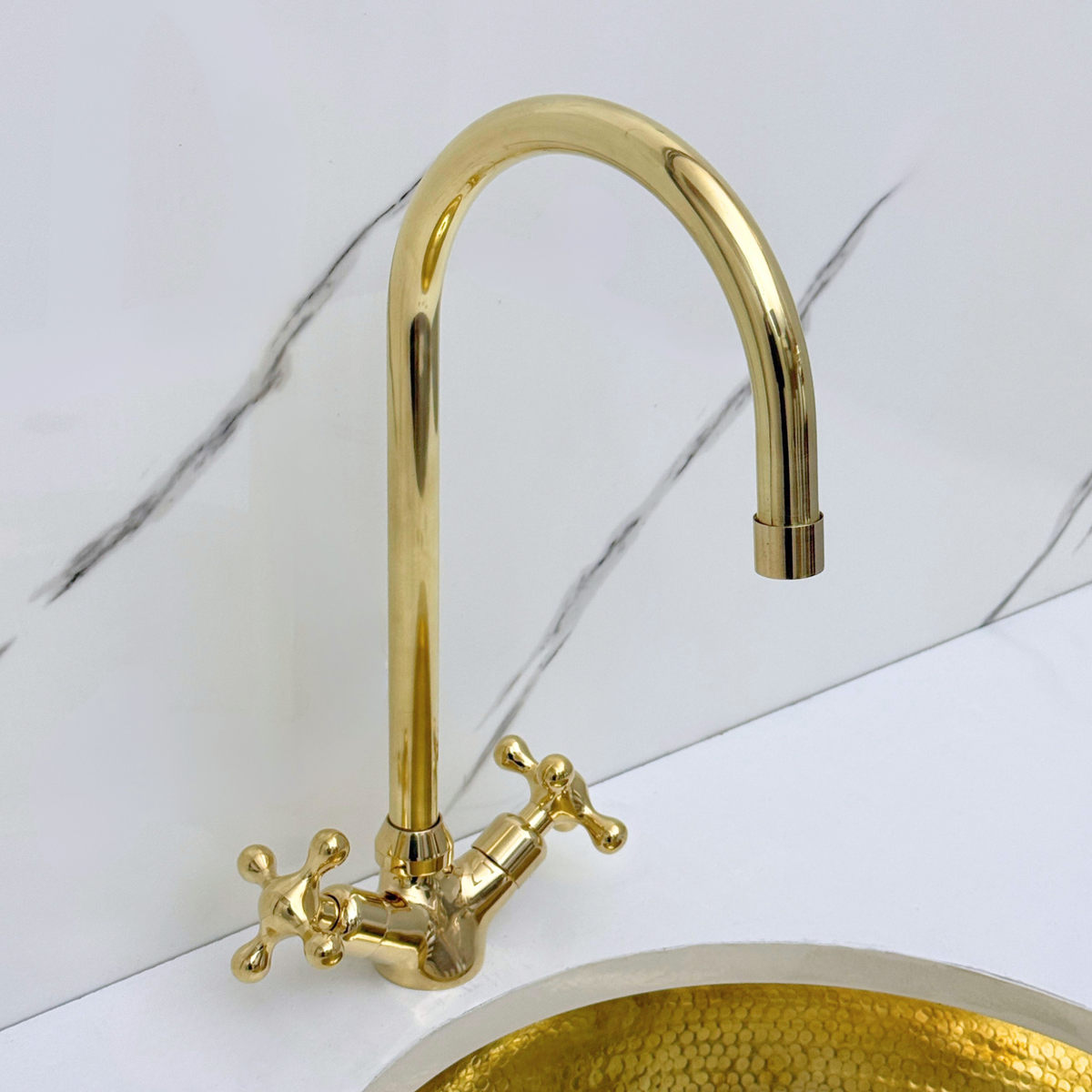 Gooseneck unlacquered brass single-hole faucet, 7" reach with cross handles – alternate view 3