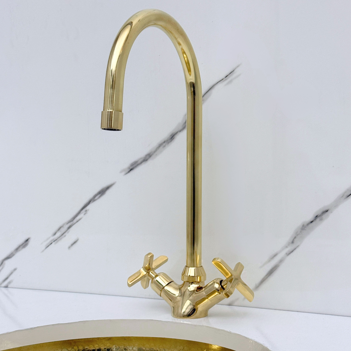 Gooseneck unlacquered brass single-hole faucet, 7" reach with cross handles – alternate view 8