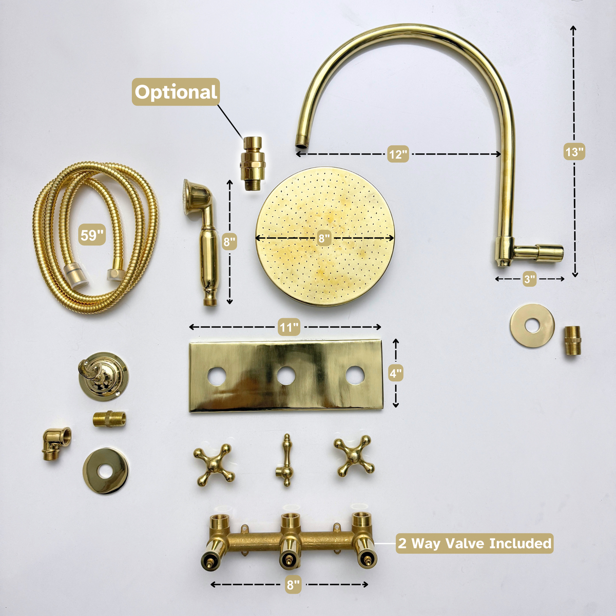 Unlacquered Brass Adjustable Flat Round Rain Shower System with Handheld — Arcuate arm (UBCSS-012) — detail view 13
