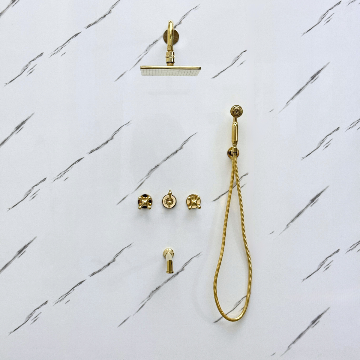 Unlacquered Brass Adjustable Square Rain Shower System with Handheld & Tub Filler — Straight arm (UBCSS-016) — detail view 5