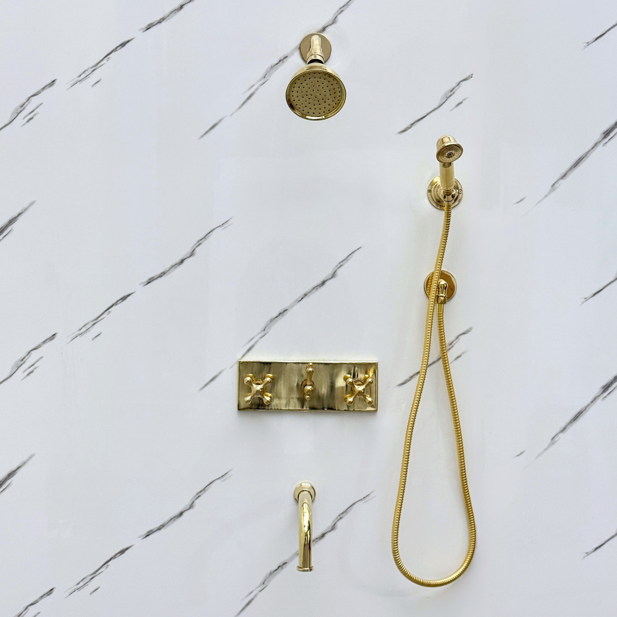 Unlacquered Brass Round Rain Shower System with Handheld & Tub Filler — Short arm (UBCSS-013) — detail view 5