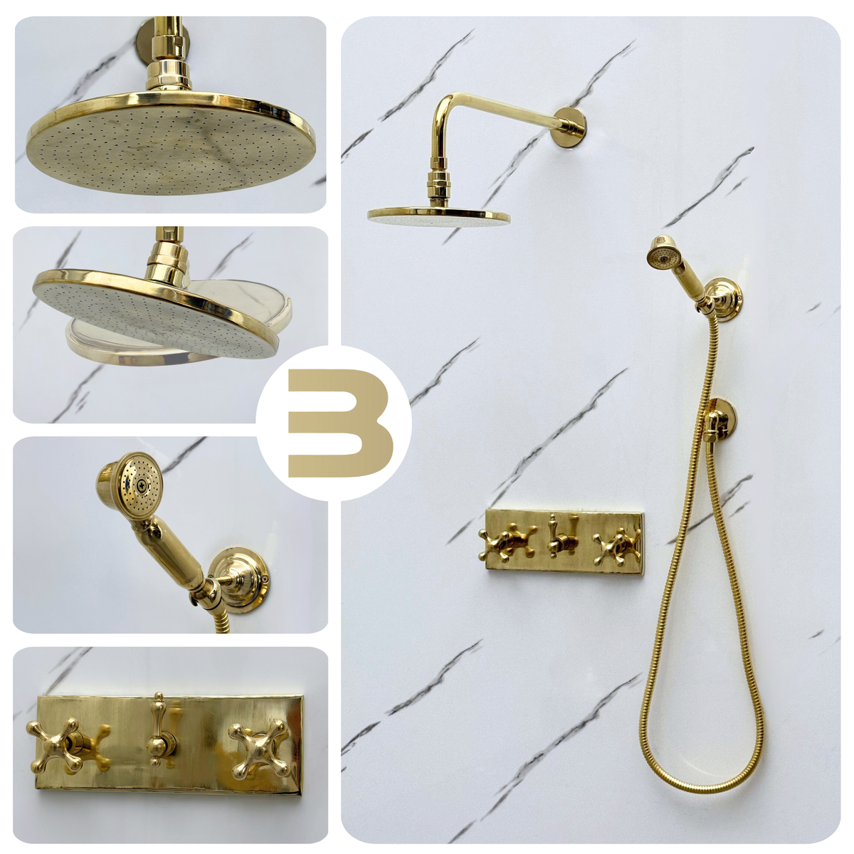 Unlacquered Brass Adjustable Flat Round Rain Shower System with Handheld — Straight arm (UBCSS-011) — detail view 3