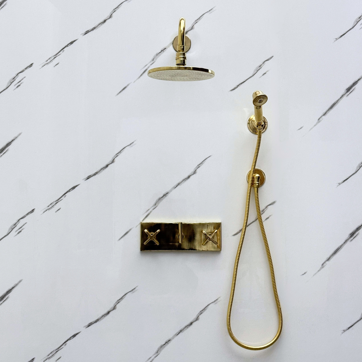 Unlacquered Brass Adjustable Flat Round Rain Shower System with Handheld — Straight arm (UBCSS-011) — detail view 5