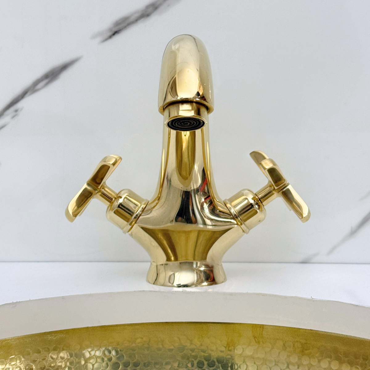 Curved unlacquered brass single-hole faucet Set, 5" reach with cross handles – alternate view 7
