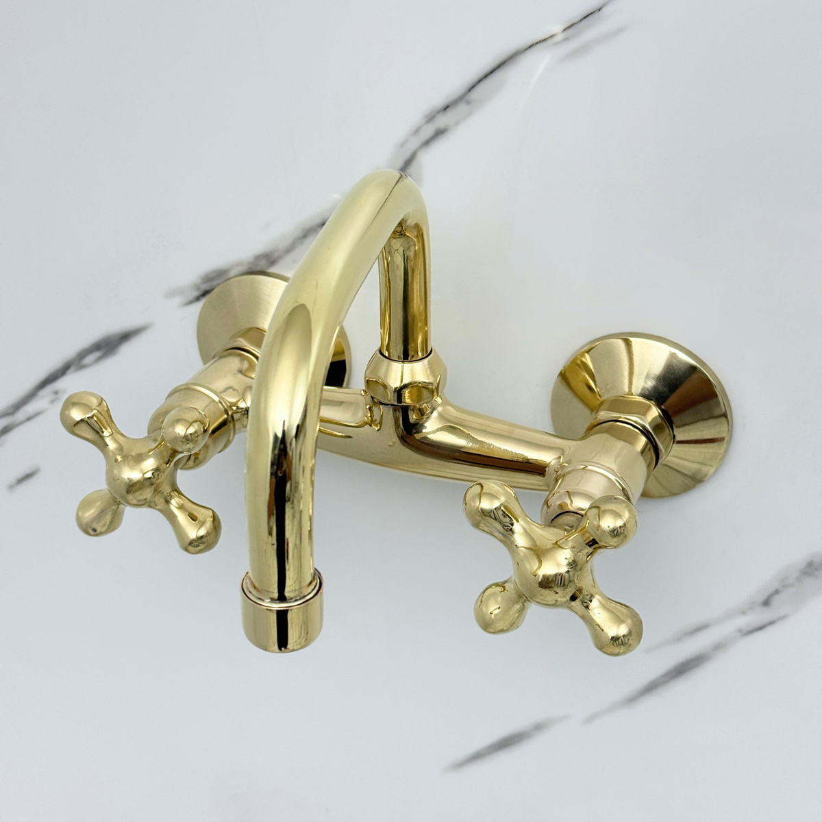 7.5" Swivel unlacquered brass wall faucet, 6" spread with cross handles – alternate view 3