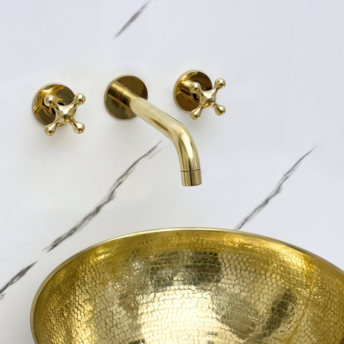 8" Curved unlacquered brass wall faucet, 2.5" drop with cross handles – alternate view 5