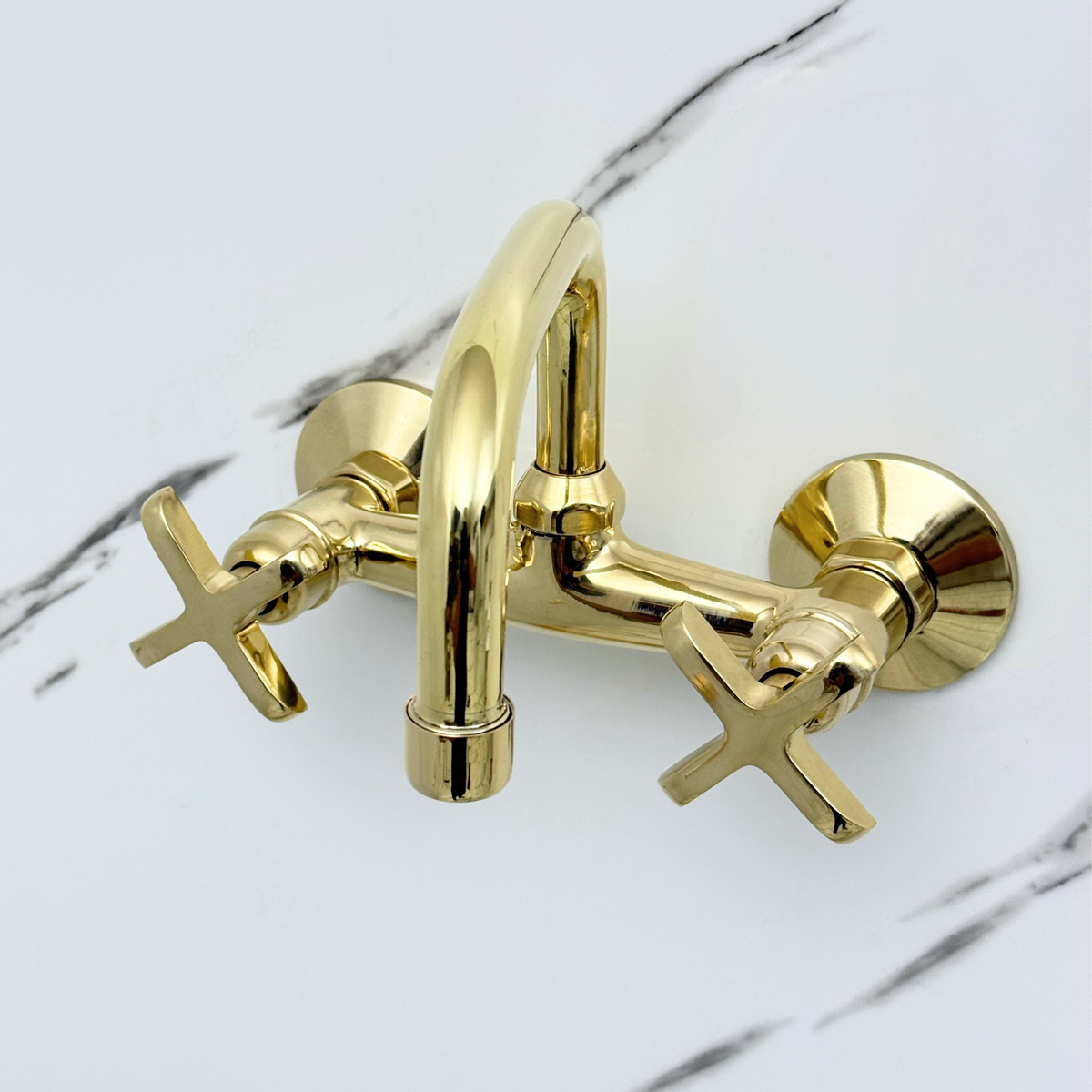 7.5" Swivel unlacquered brass wall faucet, 6" spread with cross handles – alternate view 8