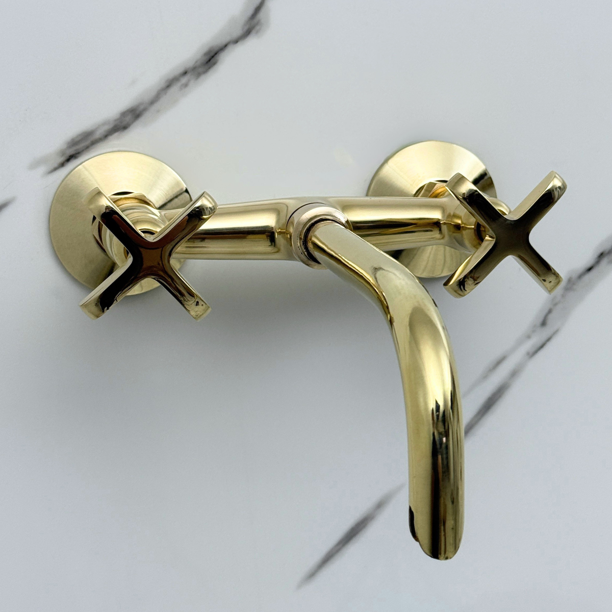 10" Curved unlacquered brass wall faucet, 3.5" drop with cross handles – alternate view 8