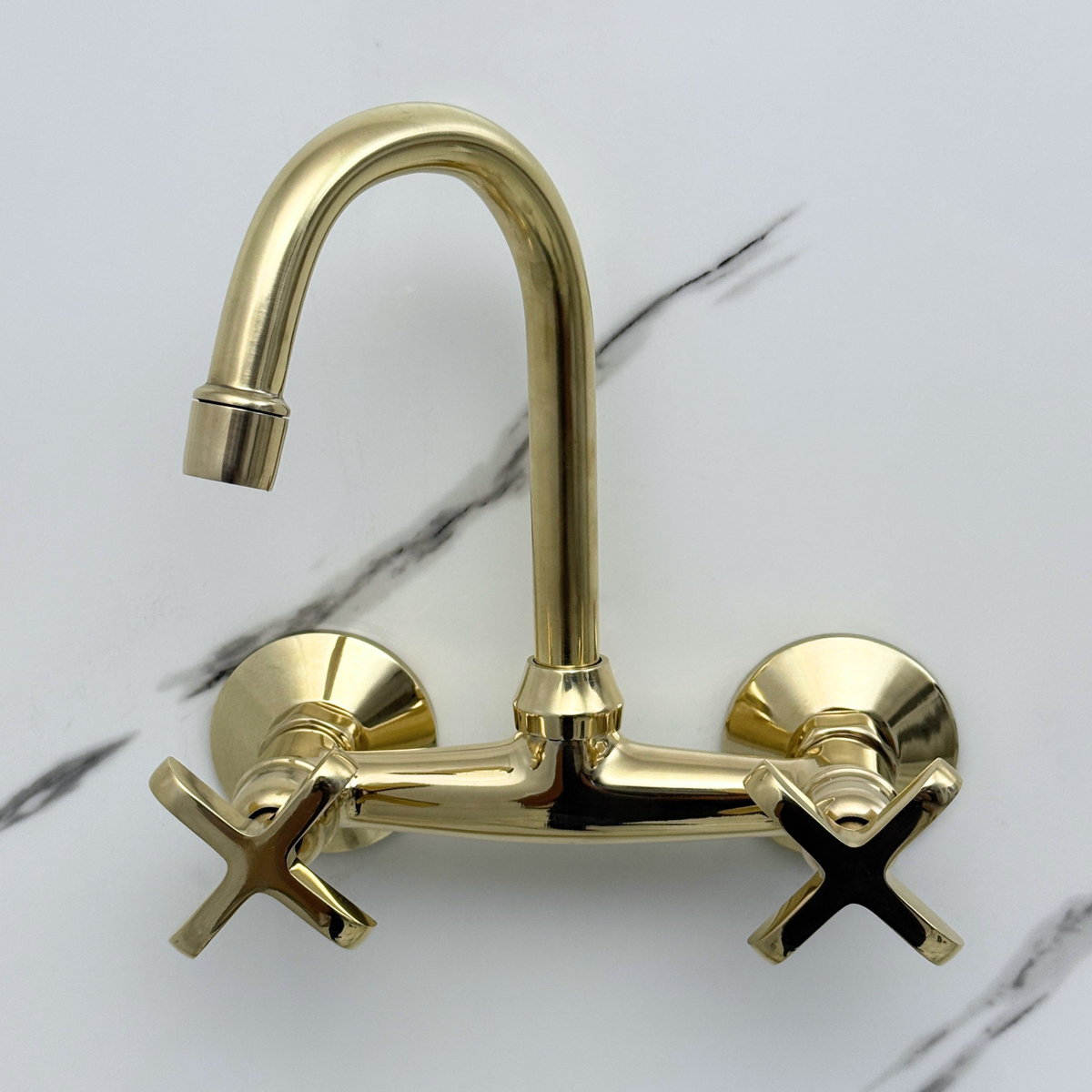 6.5" Gooseneck unlacquered brass wall faucet, 6" spread with cross handles – alternate view 6