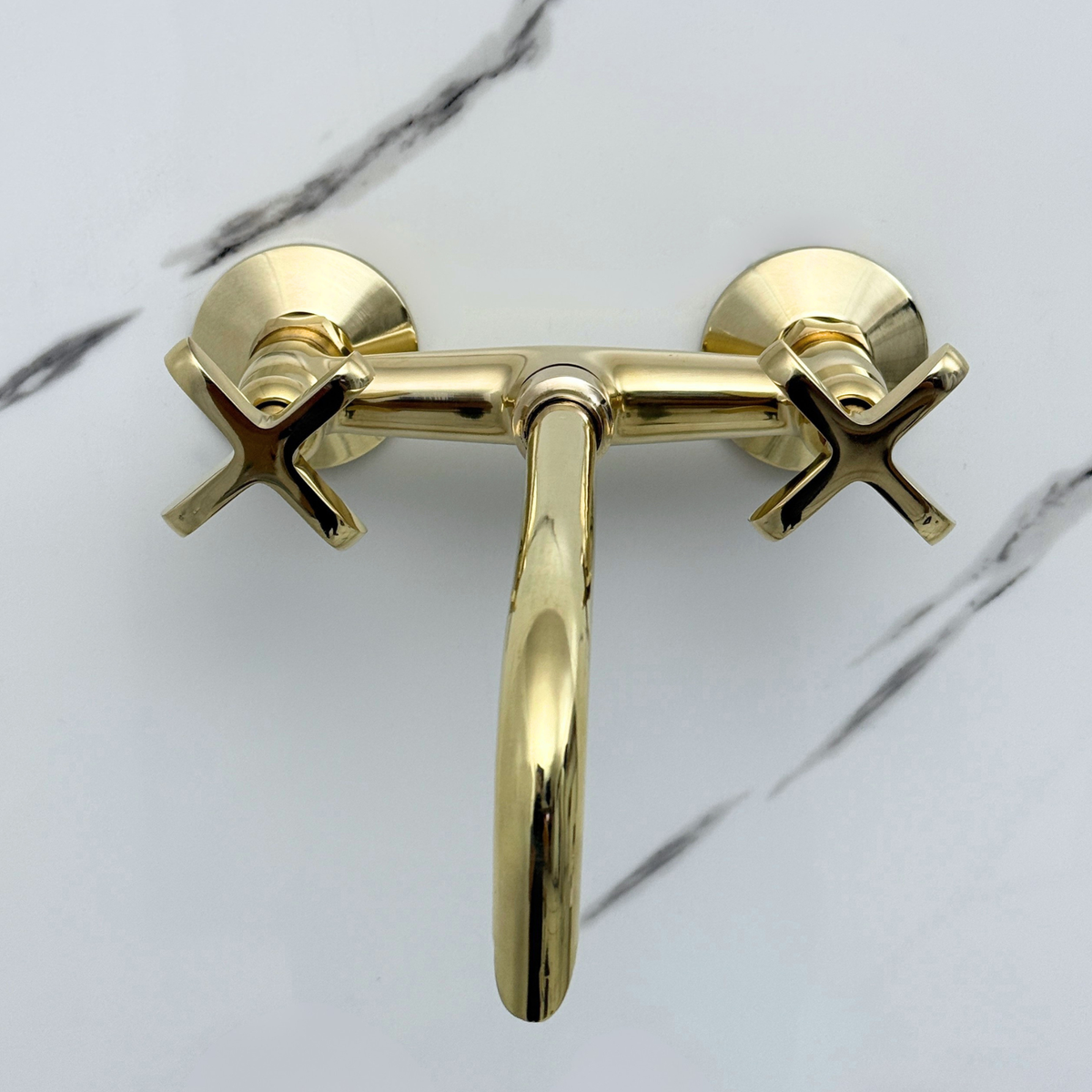 10" Curved unlacquered brass wall faucet, 3.5" drop with cross handles – alternate view 7
