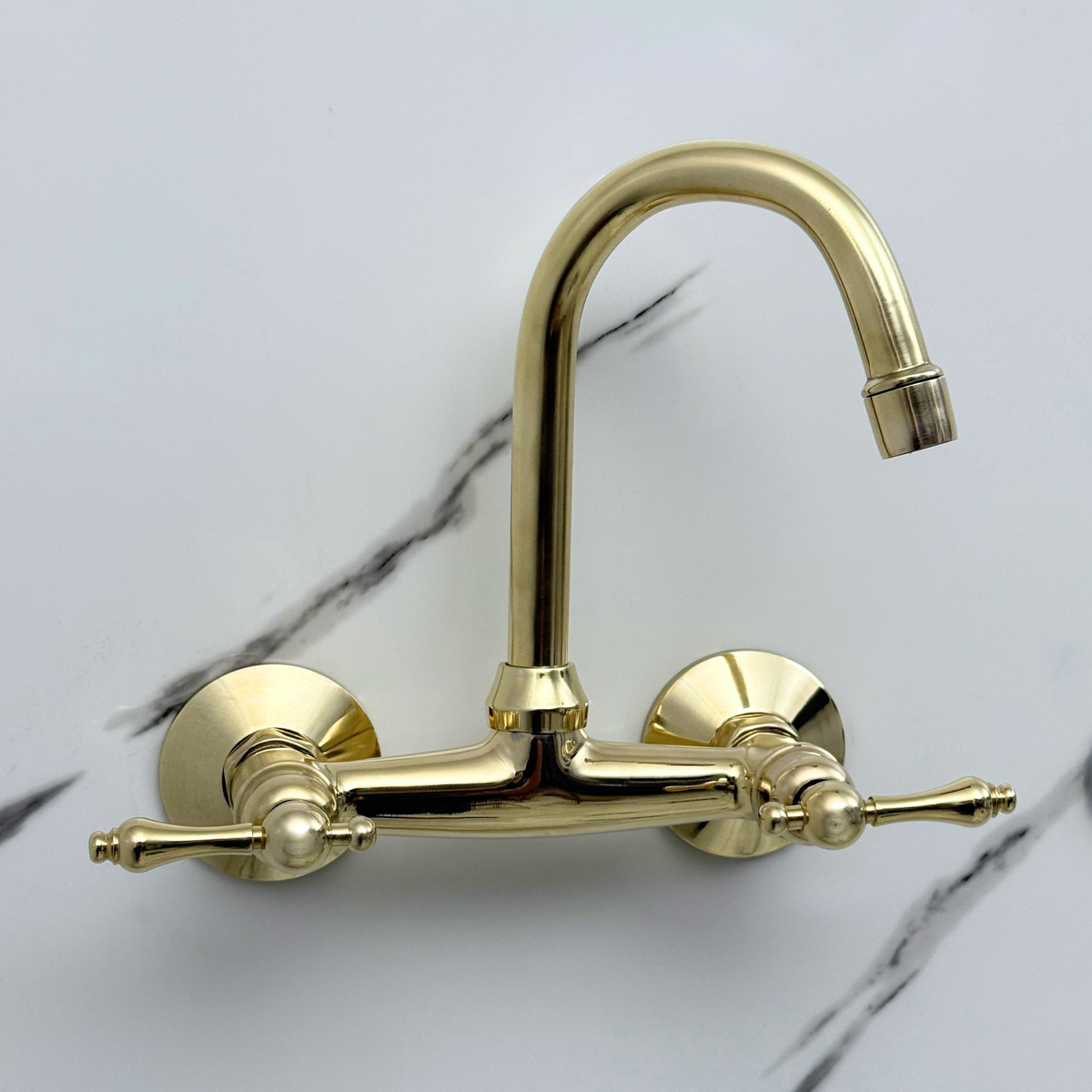 6.5" Gooseneck unlacquered brass wall faucet, 6" spread with lever handles – alternate view 3