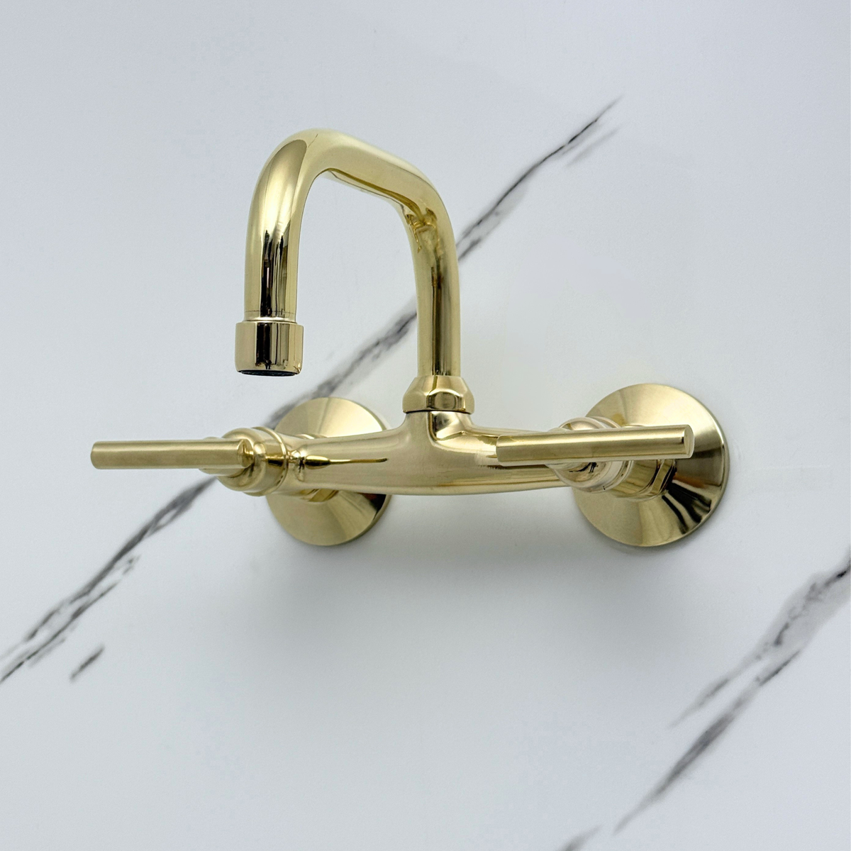7.5" Swivel unlacquered brass wall faucet, 6" spread with lever handles – alternate view 4