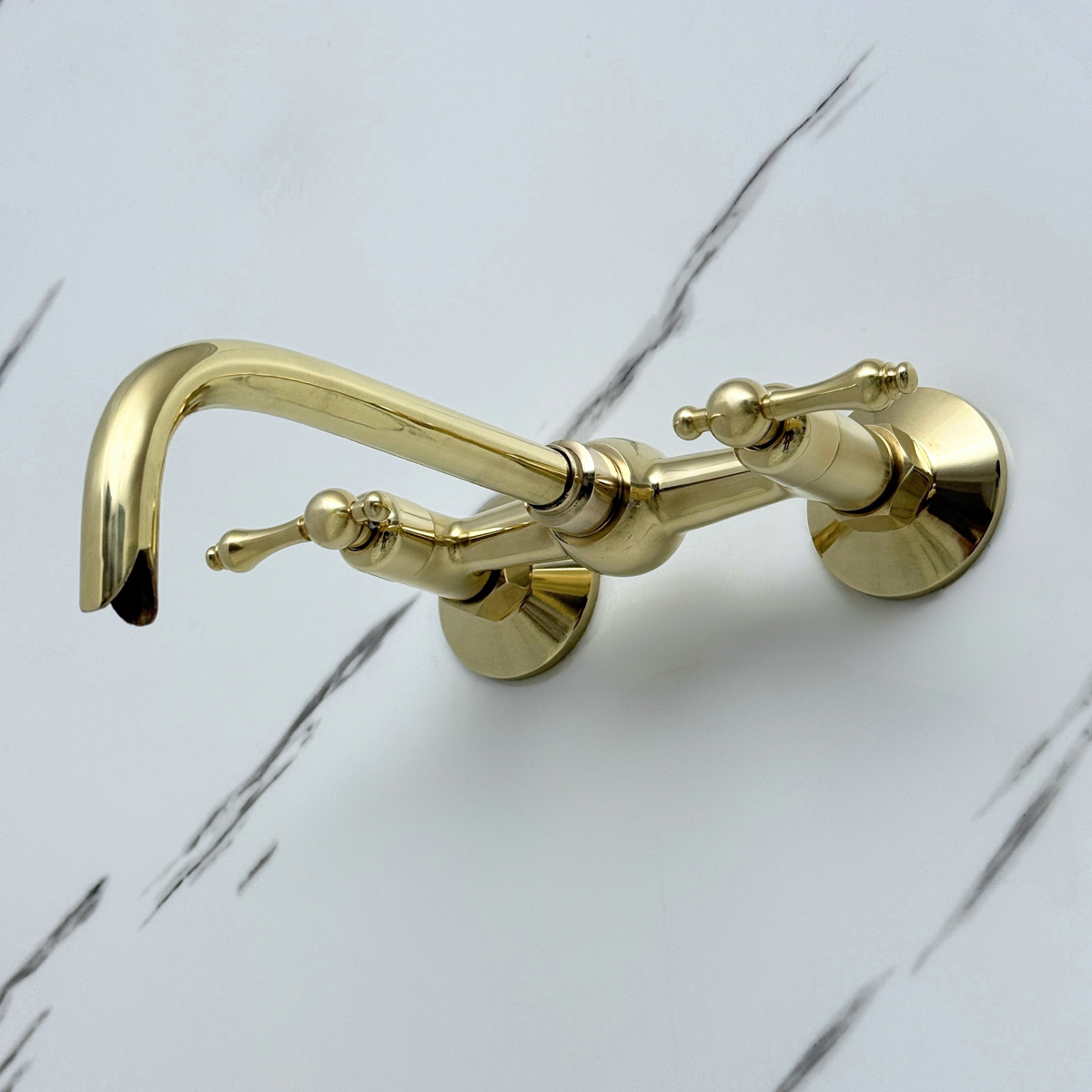 10" Ball-Center unlacquered brass wall faucet, 6" spread with lever handles – alternate view 2