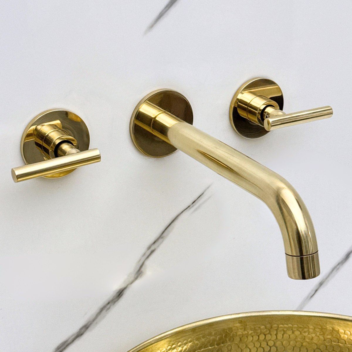 8" Curved unlacquered brass wall faucet, 2.5" drop with lever handles – alternate view 12